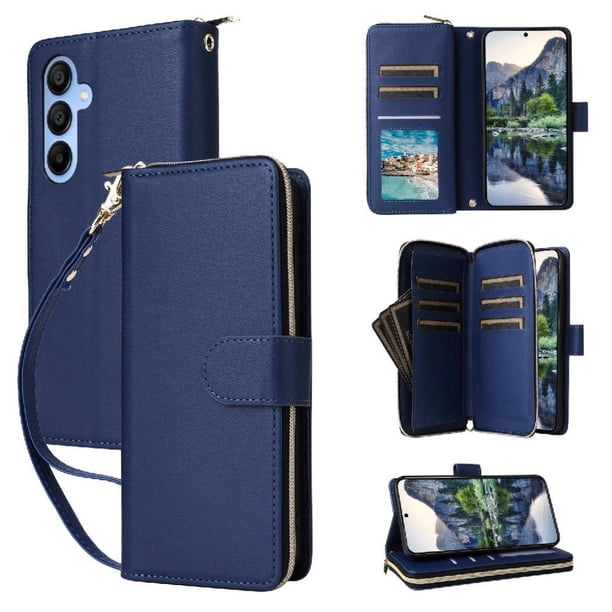 Funda Cartera con Cremallera y Correa para Samsung Galaxy A15 5G Soporte y Tarjetero Azul