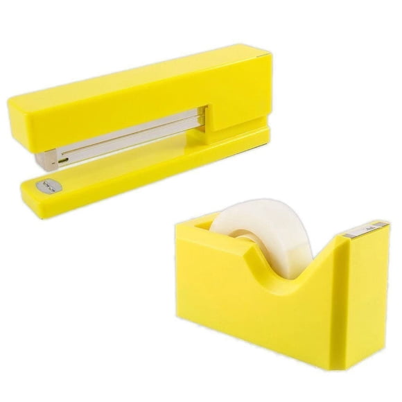 Set de escritorio JAM Paper amarillo – 2 unidades: engrapadora y dispensador de cinta adhesiva