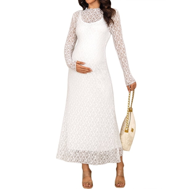 INSPIRE CHIC Conjunto de Vestido de Maternidad de 2 Piezas para Sesión de Fotos Vestido con Sobrecapa de Encaje de Manga Larga con Camiseta Interior a Juego XL Blanco