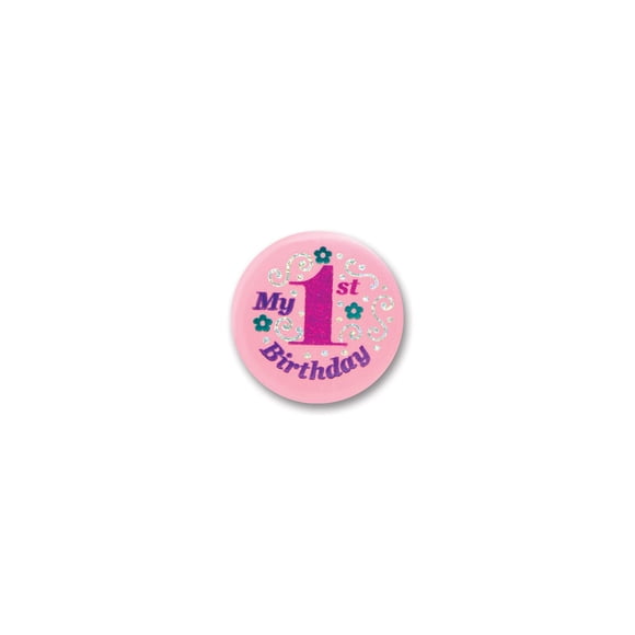 Button Beistle Pink My 1st Birthday, 1 unidad
