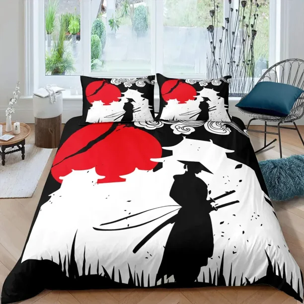Japanese Samurai Bedding Set /Queen/Full Japan Sunset Scenery Building Silhouette Polyester Duvet Cover Men Black Red Bed Sheets