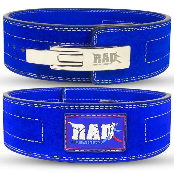 Cinturón de gimnasio para levantamiento de pesas con palanca RAD para hombres y mujeres, talla 63 a 107 cm, grosor 10 mm y ancho 4 pulgadas, cuero, azul