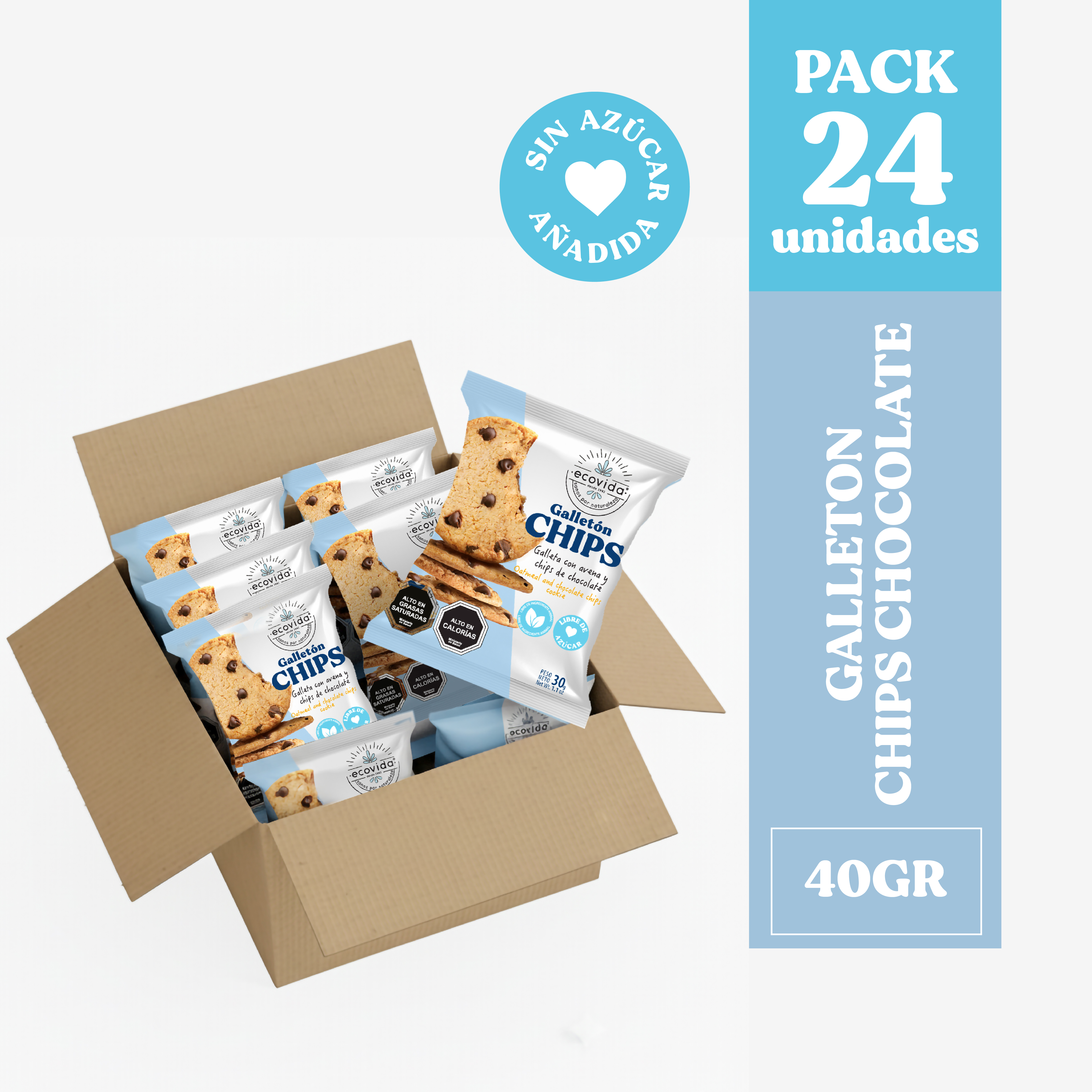 Ecovida S.A - Galletón Avena Chips Chocolate Sin Azúcar 40Gr - Caja 24Unid
