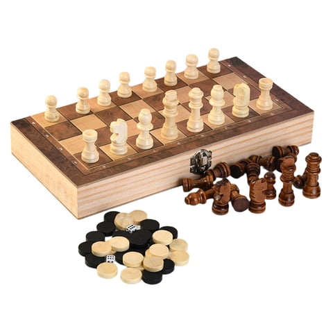 Magideal - Juego De Ajedrez De Madera Para Principiantes, Juego De Estrategia, Almacenamiento Plegable Portátil, Juegos De Mesa 3 En 1 Para Viajes De Acampada En 24Cm X 24Cm X 18Cm