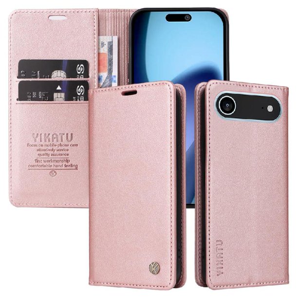 Funda Billetera de Cuero para iPhone 17 Air con Tarjetero y Soporte - Tapa Magnética Rosa