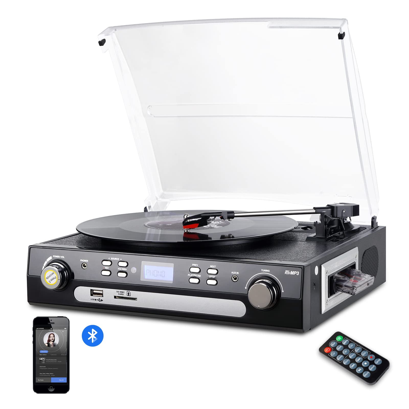 Tocadiscos Digitnow Bluetooth, Casete De Vinilo A Mp3, Color Negro