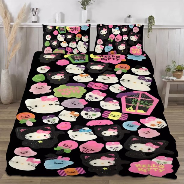 Halloween Hello_Kitty_ Quilt Set FullSoft Lightweight Quilts Quilted Bedspreads3 Pieces Set Queen SizeColorful Cartoon Print All Season 173*218CM