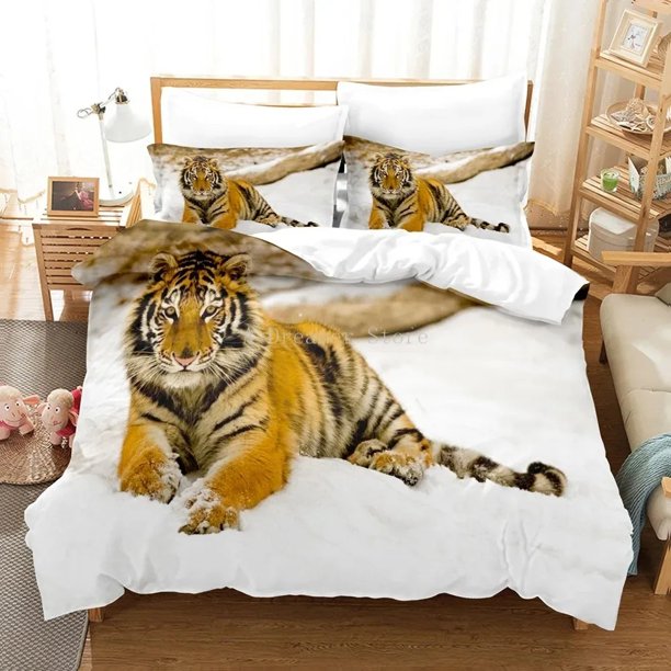 x1490 Bed Sheets Animal Tiger Printed Bedding Set Brown Duvet Quilt Cover Set Twin Bed Clothes For Child Kid Adult 3-Piece Bedding Set (1 Duvet Cover + 2 Pillow Shams) nj1490