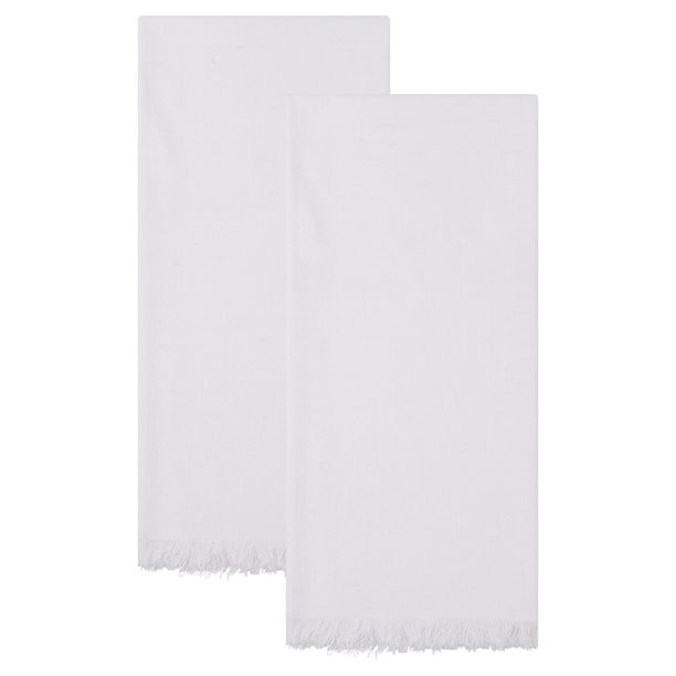 REGALWOVEN Paquete de 2 Toallas de Cocina de Algodón y Lino, Toallas de Plato con Flecos de Color Sólido, Toallas de Mano Suaves y Absorbentes Blancas 18" x 18"