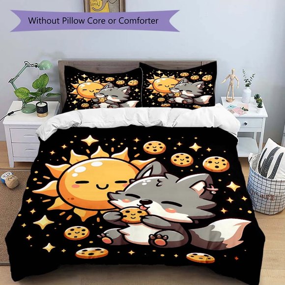 The Sun and the Little Wolf Quilt Set - Soft and Comfortable Bedroom Guest Room and Dorm Decor Bedding Set 1 Quilt Cover + 2 Pillowcases.L107 Whimsical Theme E