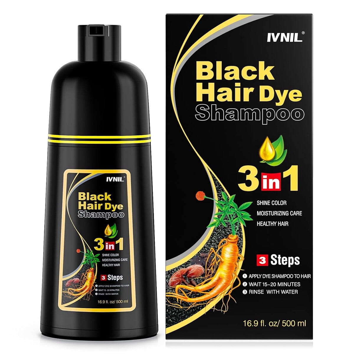 Shampoo Tinte Negro Ivnil 3 En 1 500ml Cubre Canas