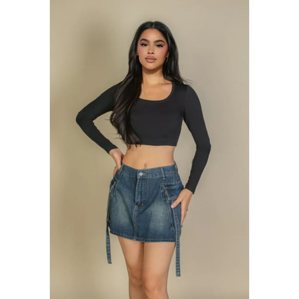Saronite Camiseta Corta de Manga Larga con Cuello Cuadrado y Canalé Liso, Negra (para Mujer)