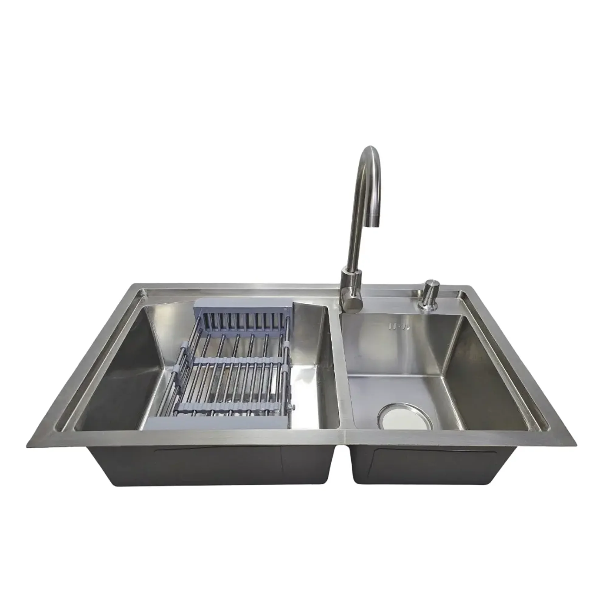 Modern Space - Lavaplatos Curvo 78x43 Cm Deluxe De Acero Inoxidable Para Empotrar Espesor 2mm Color Plateado + Rejilla Escurridora, Dispensador De Jabón Y Griferia Inox