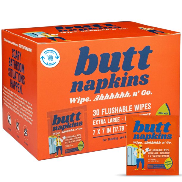 Butt Napkins – Toallitas Húmedas para Adultos Descartables en el Inodoro, 30 Unidades Individuales, Tamaño de Viaje, Sin Fragancia, a Base de Plantas con Aloe y Vitamina E, Hipoalergénicas