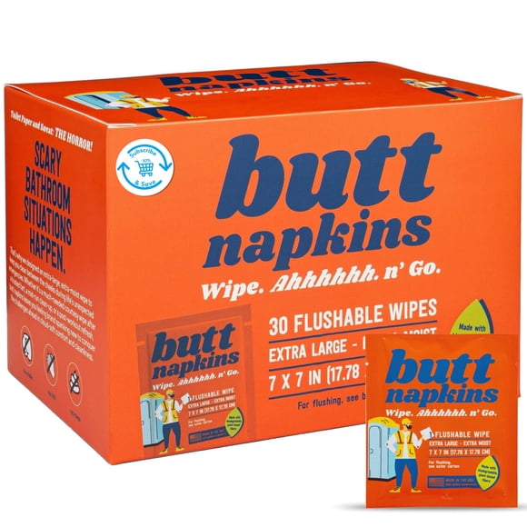 Butt Napkins – Toallitas Húmedas para Adultos Descartables en el Inodoro, 30 Unidades Individuales, Tamaño de Viaje, Sin Fragancia, a Base de Plantas con Aloe y Vitamina E, Hipoalergénicas