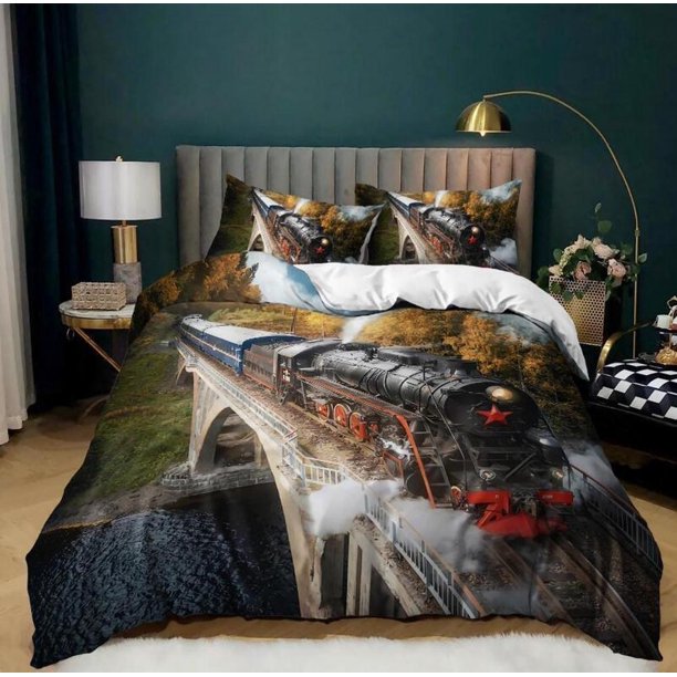 Retro Steam Train Quilt Duvet Cover Set Children Comforter Cover Bedding Soft3-Piece Bedding Set