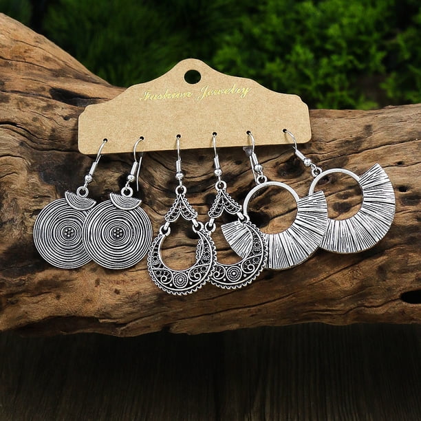 Gorgeous 3-Piece Earrings Set for Women - Retro Style, Antique Silver, Geometric Leaf Pendant, U-shaped Ear Hooks - Simple & Versatile!