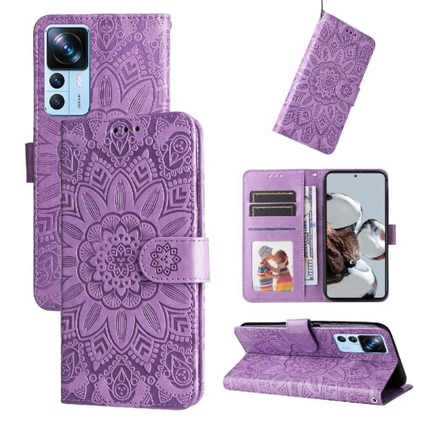 Funda tipo cartera FOXDOCK para Xiaomi 12T , diseño girasol en relieve, cuero PU, cierre magnético, soporte y tarjetero