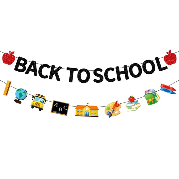 Banner CAVLA con purpurina para el regreso a la escuela con letreros Apple para el autobús escolar