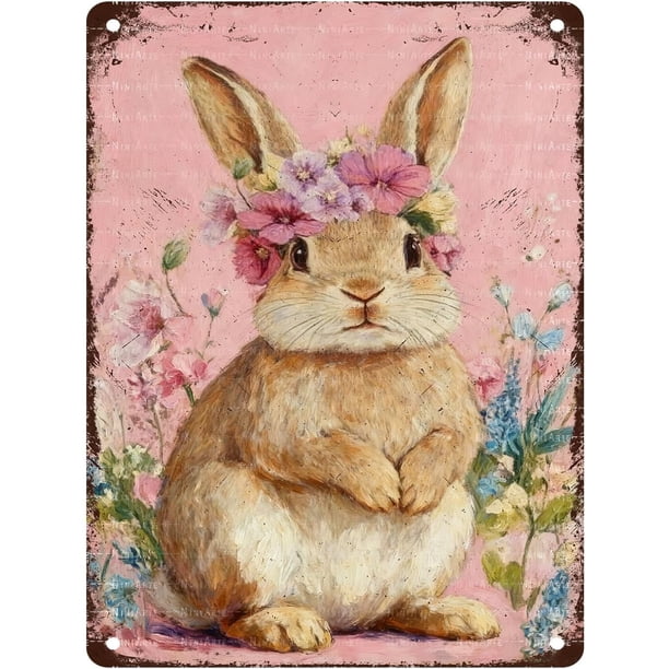 Letrero estaño conejo Pascua retro conejo vintage metal hogar jardín sala decoración pared Pascua 20x30cm