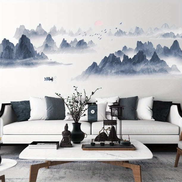 4pcs, Chinese Style Sunset Mountain Water Wall Sticker - Decorate Your Home with Elegance and Style