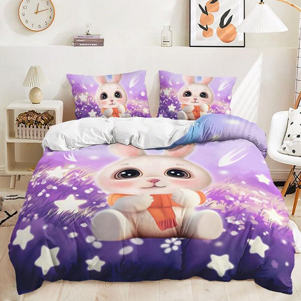 Cute Cartoon Rabbit Maple Leaves Quilt Duvet Cover Set Soft Children3-Piece Bedding Set