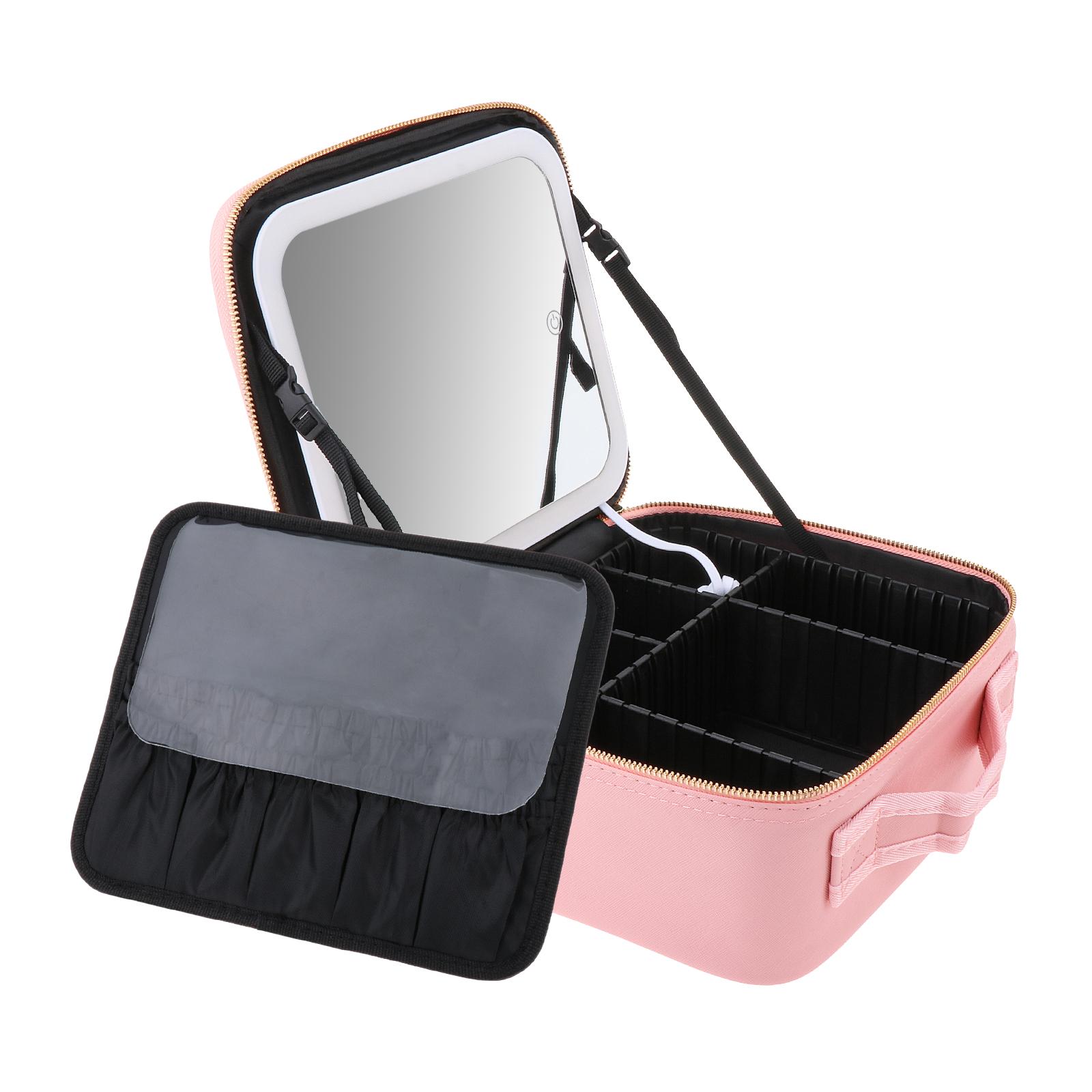 Magideal - Estuche De Tren De Maquillaje De Viaje Con Espejo Y Luces, 3 Colores De Brillo, Bolsa De Cosméticos Para Mujer, Particionable, De Gran Capacidad, Vers Rosa