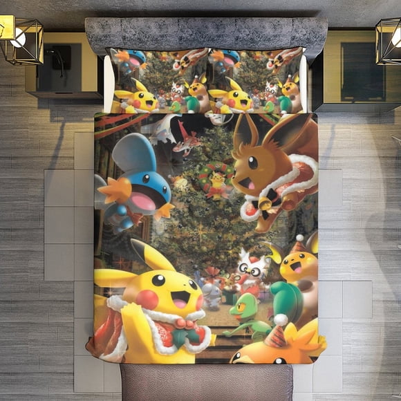 Pokmon Pikachu Party 3 Piece Sets Full/Queen Size - Reversible Microfiber Quilts with Shams Soft Lightweight Bedspread Coverlet Comforter for All Season Bed Sheets