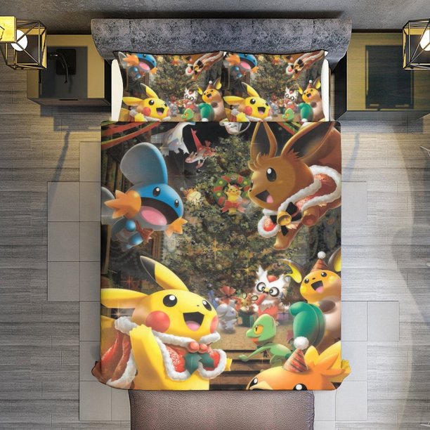 Pokmon Pikachu Party 3 Piece Sets Full/Queen Size - Reversible Microfiber Quilts with Shams Soft Lightweight Bedspread Coverlet Comforter for All Season Bed Sheets