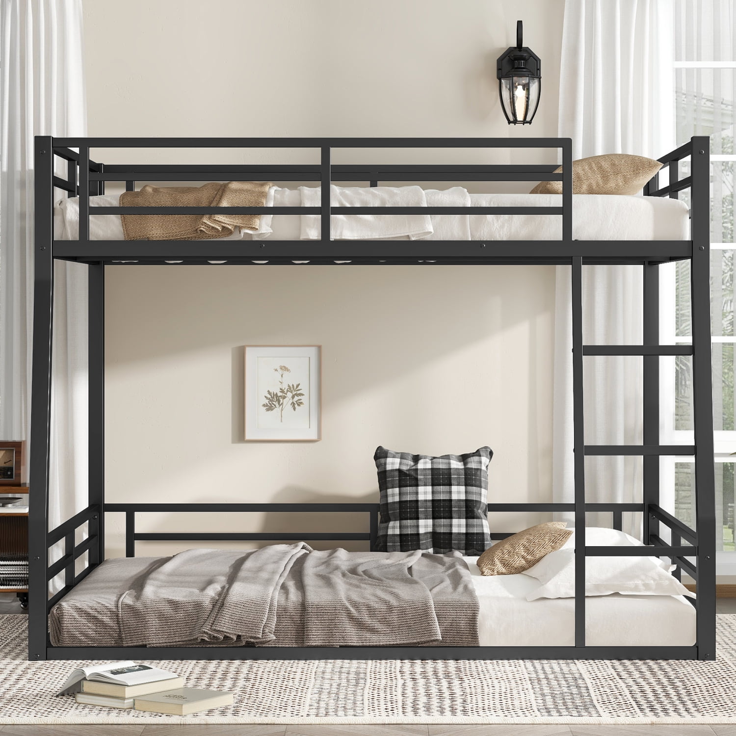 M&ms - Metal Full Xl Over Queen Bunk Bed For Teens And Adults,space-saving/noise Reduced/no Box Spring Needed,black