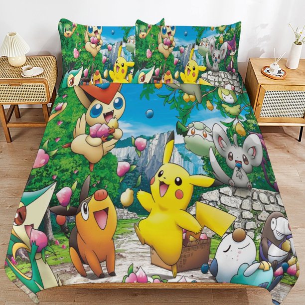 Pi-ka-chu Bed Duvet Cover Microfiber Bedding Sets 3D Printed Lightweight 3 Piece Comforter Sets for Kids Boys Girls