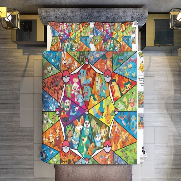 Comforter Set Queen Size Pokmon - Stained Glass Set with 2 Pillowcases for All SeasonsBedding Set 3pcs for Kids Boys Girls Bedroom Decor Bed Sheets