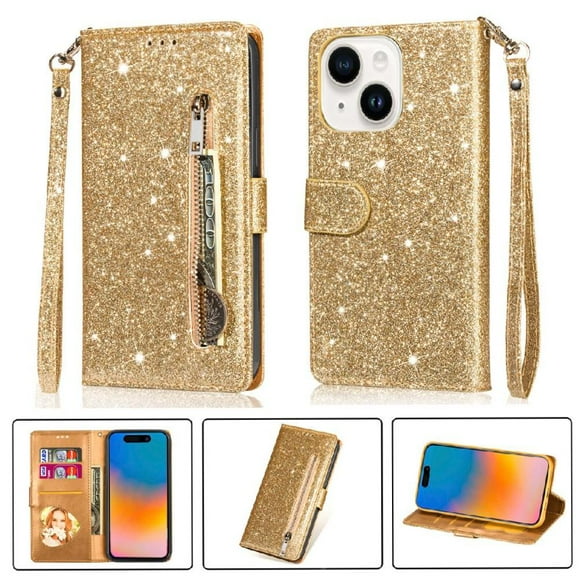 Funda para FOXDOCK Elegante funda iPhone 15 Plus Glitter con cremallera-Ideal para el uso diario
