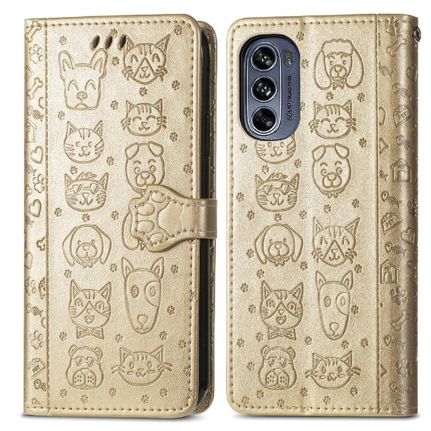 Funda Cartera FOXDOCK para MOTO G62 , Flip PU con Relieve de Gatos y Perros, Tarjetero y Soporte