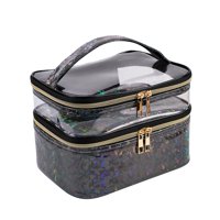 Magideal - Bolsa De Cosméticos Portátil De Doble Capa, Bolsa De Maquillaje De Viaje Con Asa, Tamaño 21X16X18Cm, Bolsas De Brochas De Maquillaje Con Cremallera De , Negro