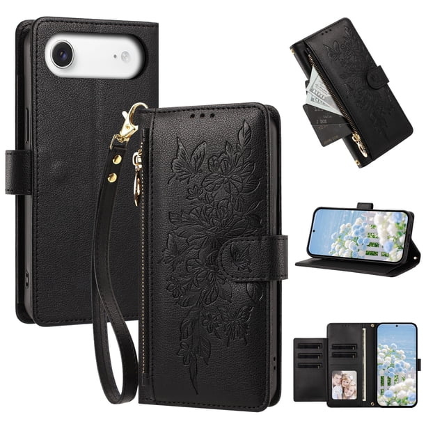 Funda Billetera Floral en Relieve iphone17 air con Tarjetero y Cremallera Negro