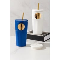 Decostilo - Vaso De Cerámica Con Tapa Y Pajilla Metálica