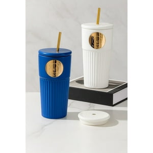 Decostilo - Vaso De Cerámica Con Tapa Y Pajilla Metálica