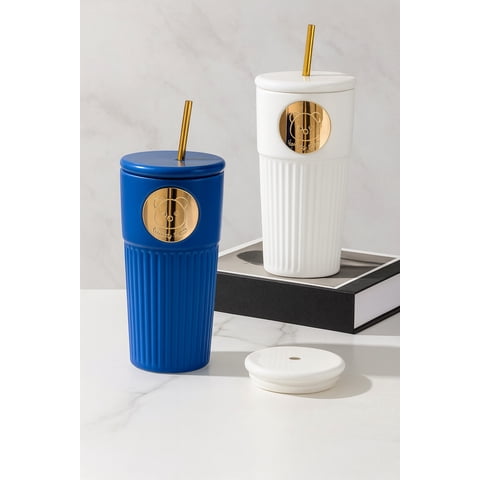 Decostilo - Vaso De Cerámica Con Tapa Y Pajilla Metálica