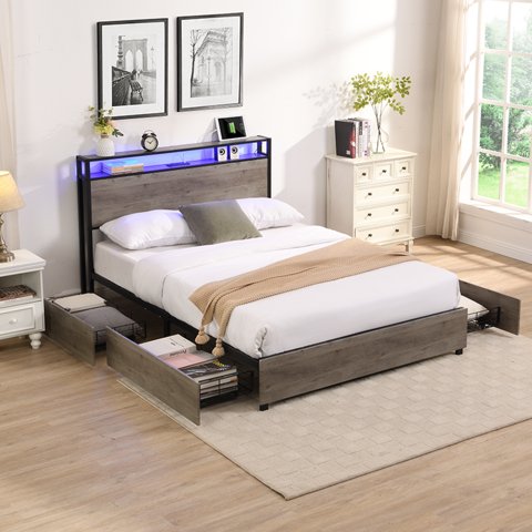 M&Ms - Queen Bed Frame, Storage Headboard With Charging Station, Solid And Stable, Noise Free, No Box Spring Needed, Easy Assembly
