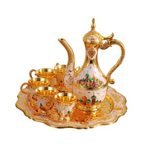 Magideal - 7 Piezas Juego De Té Turco Set De Café Con Tetera Bandeja Y Tazas Diseño Artesanal Material De Aleación De Zinc Adecuado Para Decoración Bodas Fiestas Blanco