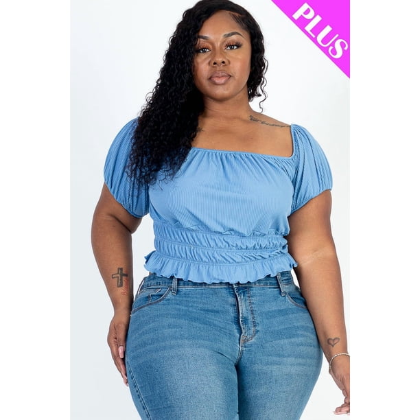 Top Liso de Punto Acanalado con Mangas Abullonadas Fruncidas Casuales en Talla Grande
