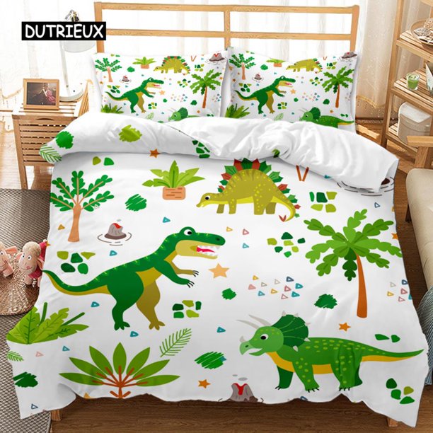 x2252 Bed SheetsDinosaur Duvet Cover Set Tropical Cartoon Dinosaur Twin Bedding Set for Kids Teens Size Polyester Quilt Cover 3-Piece Bedding Set (1 Duvet Cover + 2 Pillow Shams) nj2252