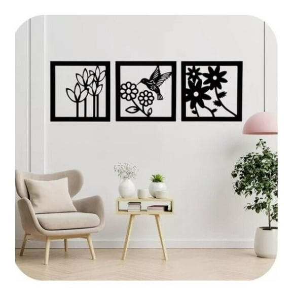 Cuadro Decorativo Colibrí Flores Pack 3 Madera Mdf 3mm