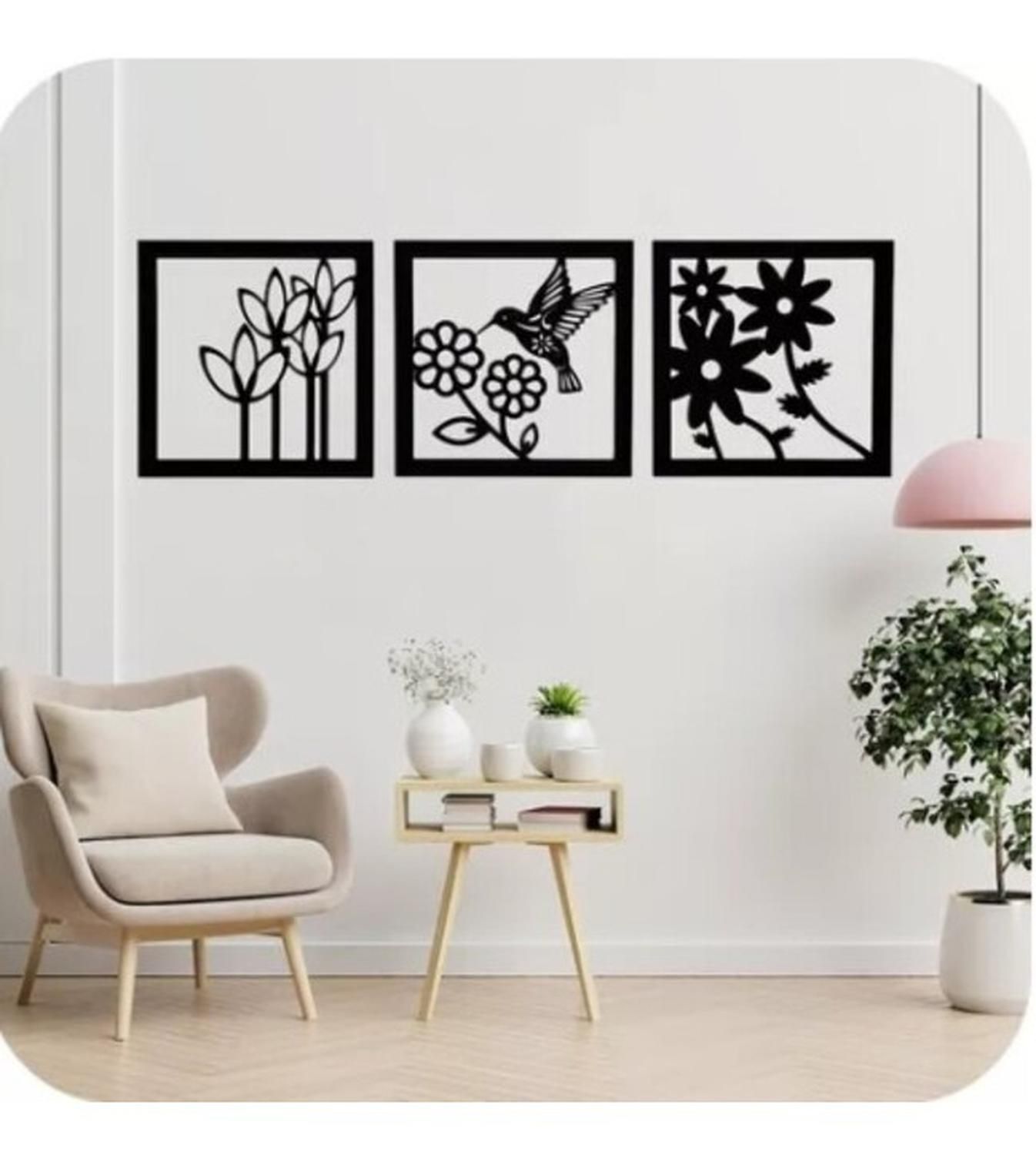 Genérico - Cuadro Decorativo Colibrí Flores Pack 3 Madera Mdf 3Mm