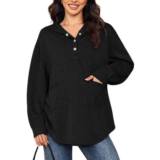 INSPIRE CHIC Sudadera de Maternidad con Capucha de Manga Larga Henley Snap Otoño Invierno Tops de Embarazo Postparto 2XL Negro