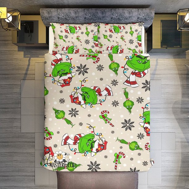Christmas Grinch 3 Pieces Duvet Cover Set Full Size Super Soft Fade Resistant Microfiber