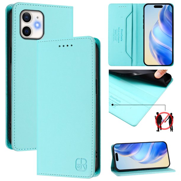 Funda Billetera con Soporte para iPhone 12/12 Pro Bloqueo RFID Plegable Verde menta