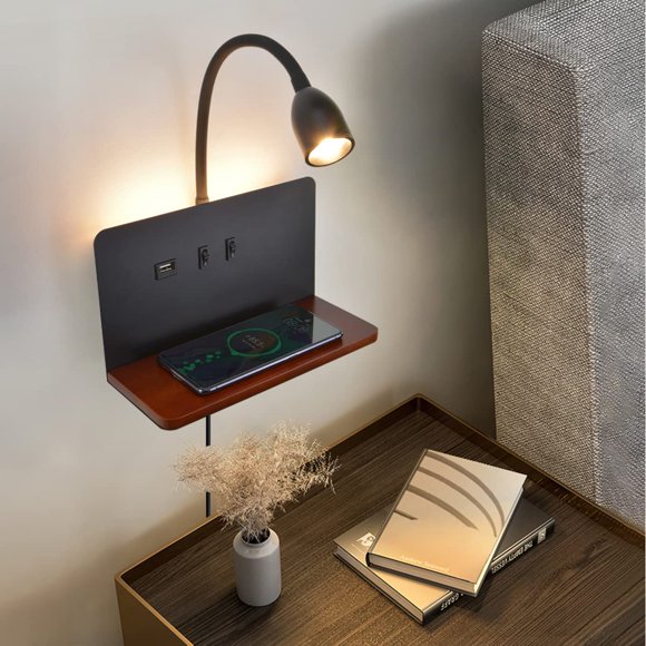 Lámpara de pared SENFAY negra con cargador inalámbrico y puerto USB