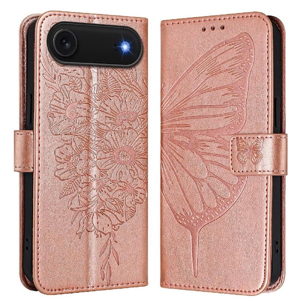 Funda cartera mariposa para iPhone 17 Air con soporte y ranuras para tarjetas Oro rosa